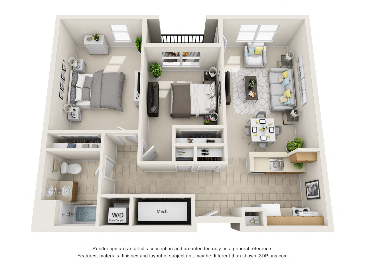 Floor plan for 2 beds, 1 bath, 998 sqft